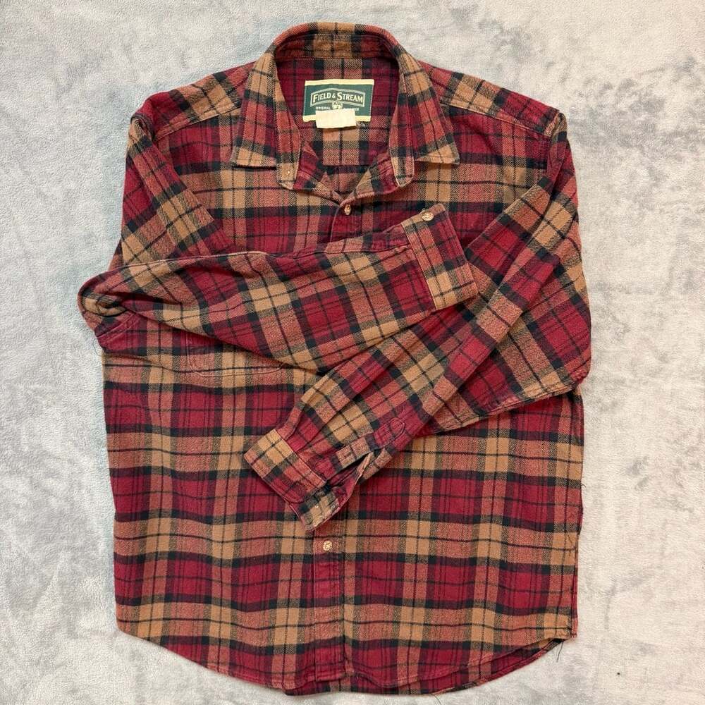 2XL heavy Field & Stream Plaid Flannel Button Down Shirt Red Brown Long Sleeve
